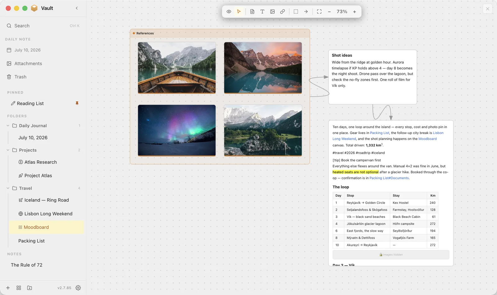 A canvas note: four photos in a labelled References group, connected by arrows to a text card and a live snapshot of the Iceland note
