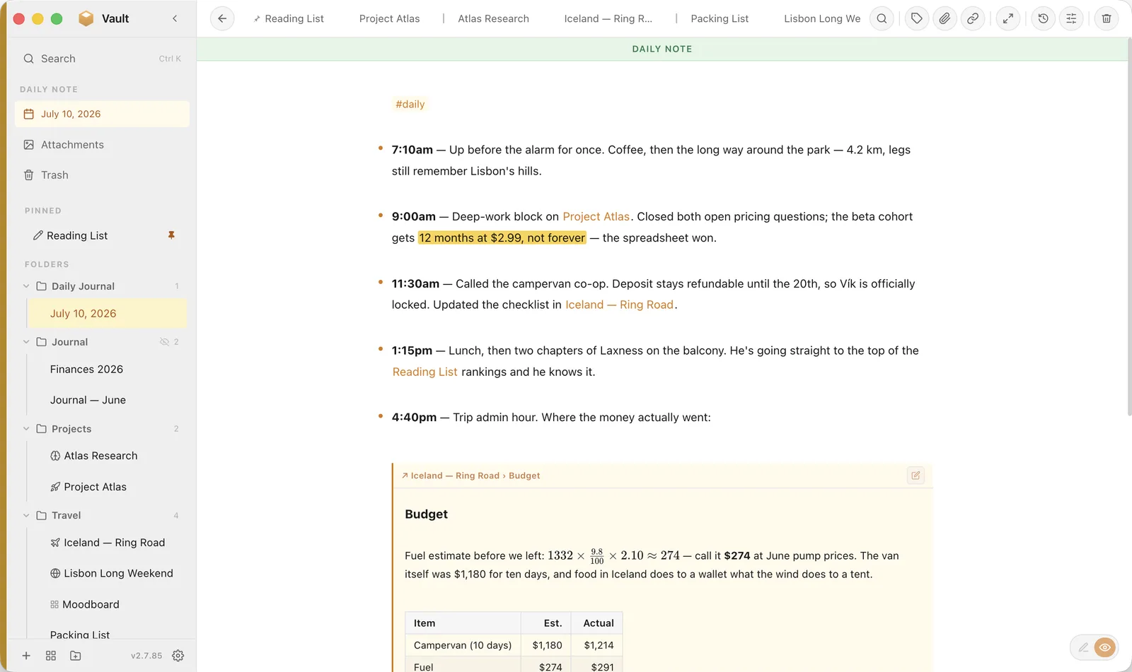 A daily note with timeline dots beside timestamped entries, wikilinks, a highlight, and the Iceland budget section embedded live