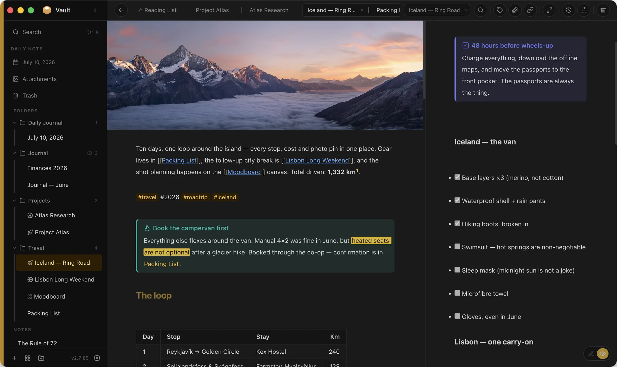 Vault Notes in dark mode — a travel note with a mountain cover banner, callouts, highlights and a live table, split beside a packing checklist