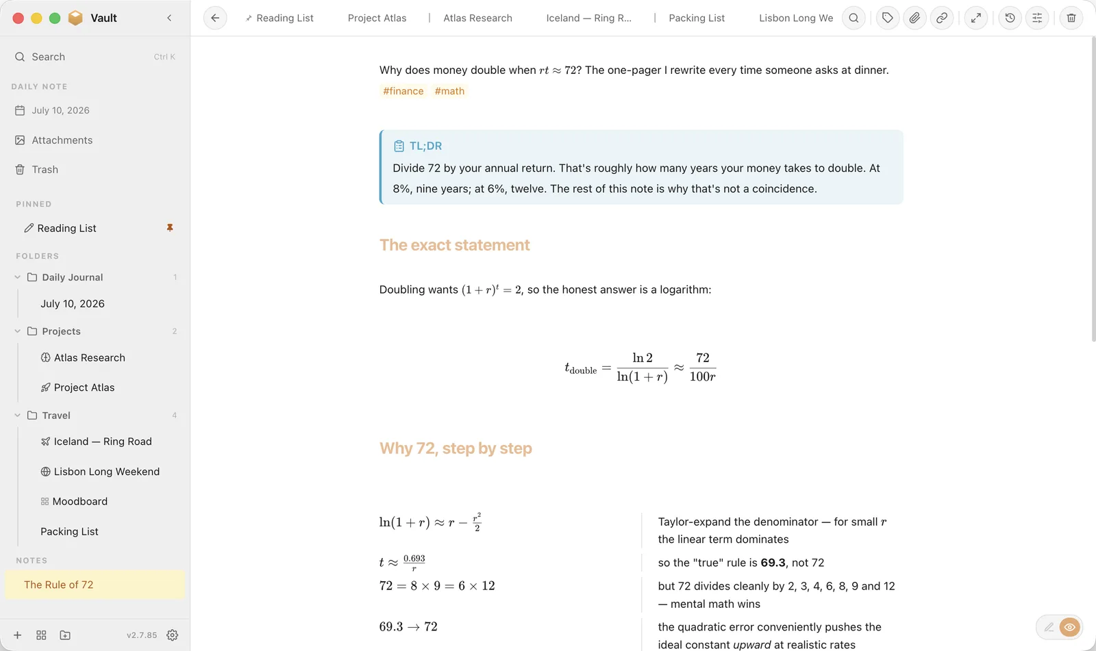 A finance note rendering KaTeX display math, a step-by-step two-column derivation, tag pills and a TL;DR callout