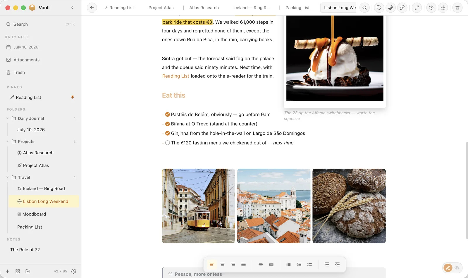 A Lisbon travel note with a floated polaroid-framed photo and caption, a checklist, highlighted text and a three-image photo grid
