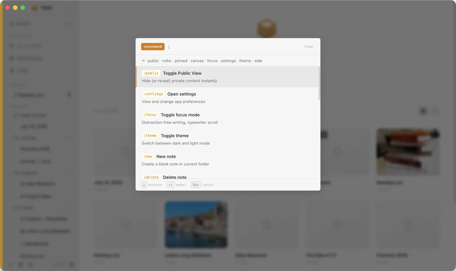 The command palette open over the editor, listing : commands — :public Toggle Public View highlighted, plus :settings, :focus, :theme and :new