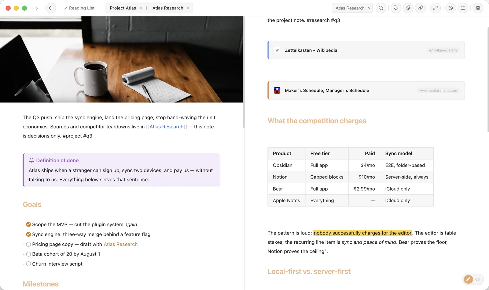 Split view: a project note with callout, tasks and banner beside its research note with rich link cards, a pricing table and highlighted text